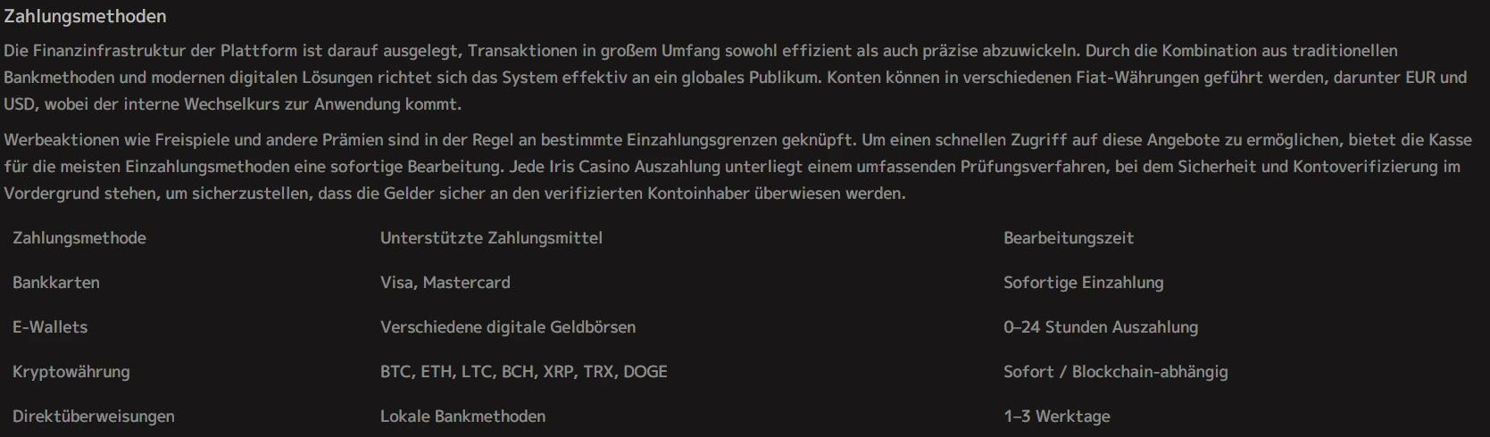 Iris Casino Kassenbereich für Einzahlungen und verfügbare Zahlungsarten