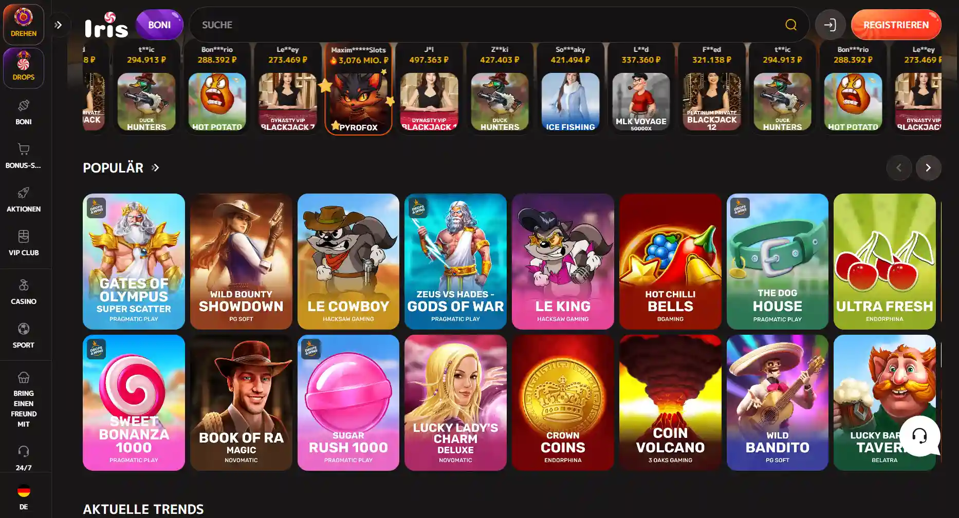 Deutschsprachige Iris Casino Startseite mit Navigation und Angebotsbereichen