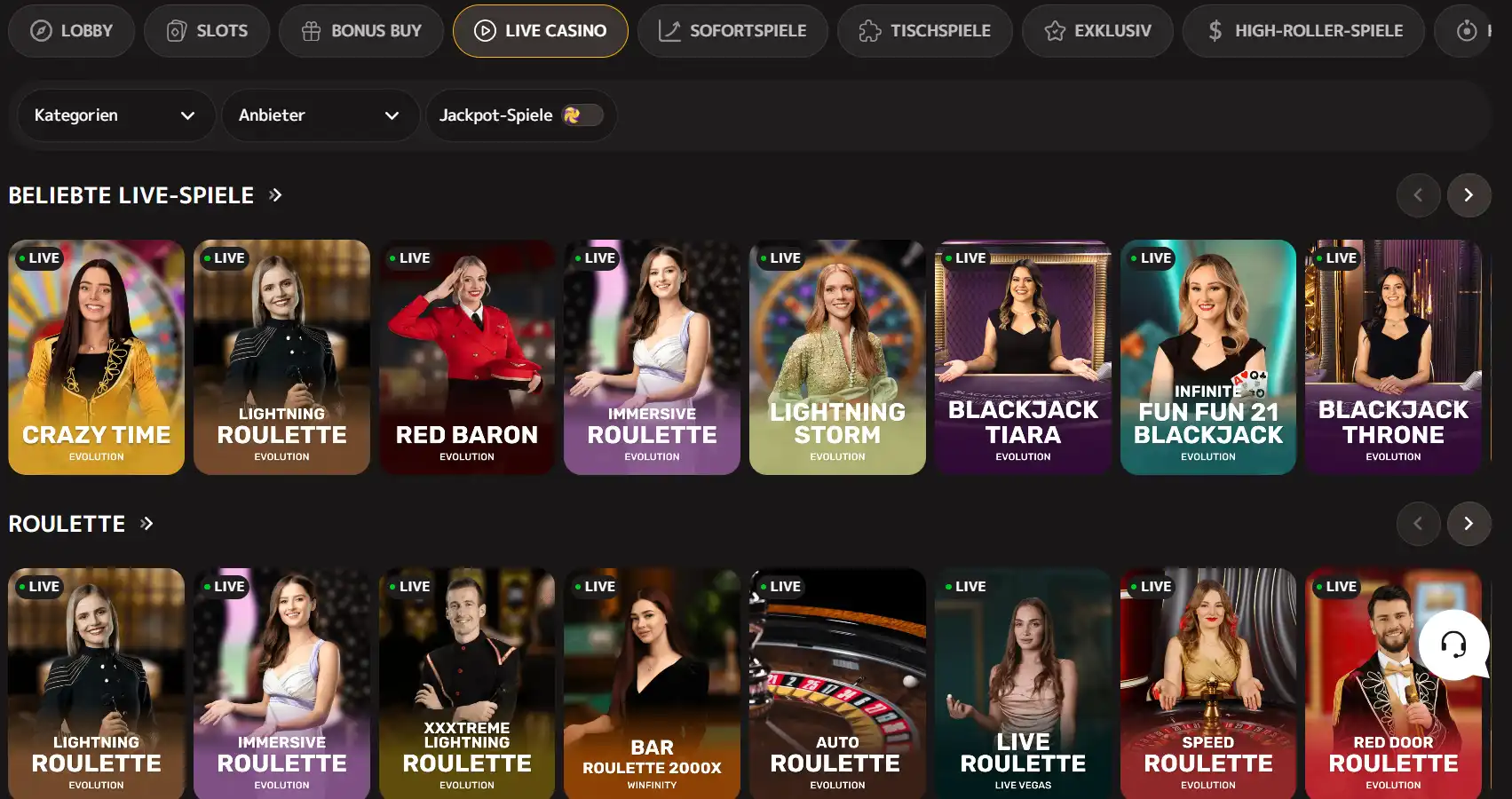 Iris Casino Live-Casino-Lobby mit verfügbaren Spieltischen und Studios