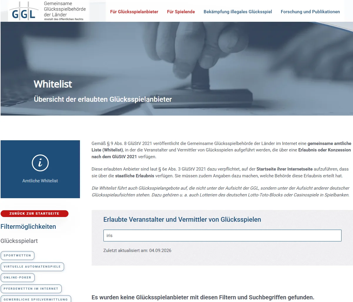 GGL-Whitelist bei der Suche nach Iris Casino und GALAKTIKA N.V.