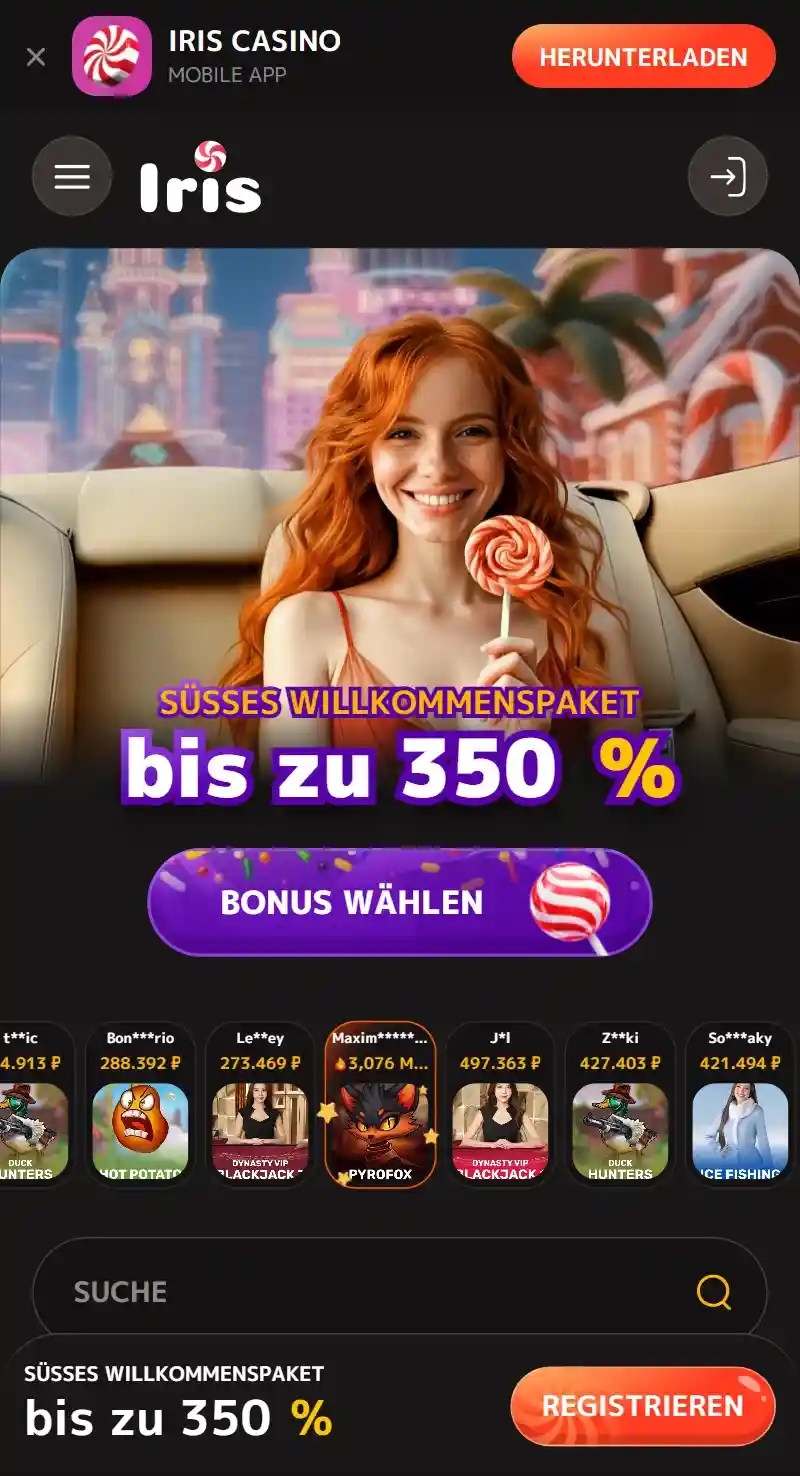 Iris Casino auf einem Smartphone mit mobilem Zugang und Downloadbereich
